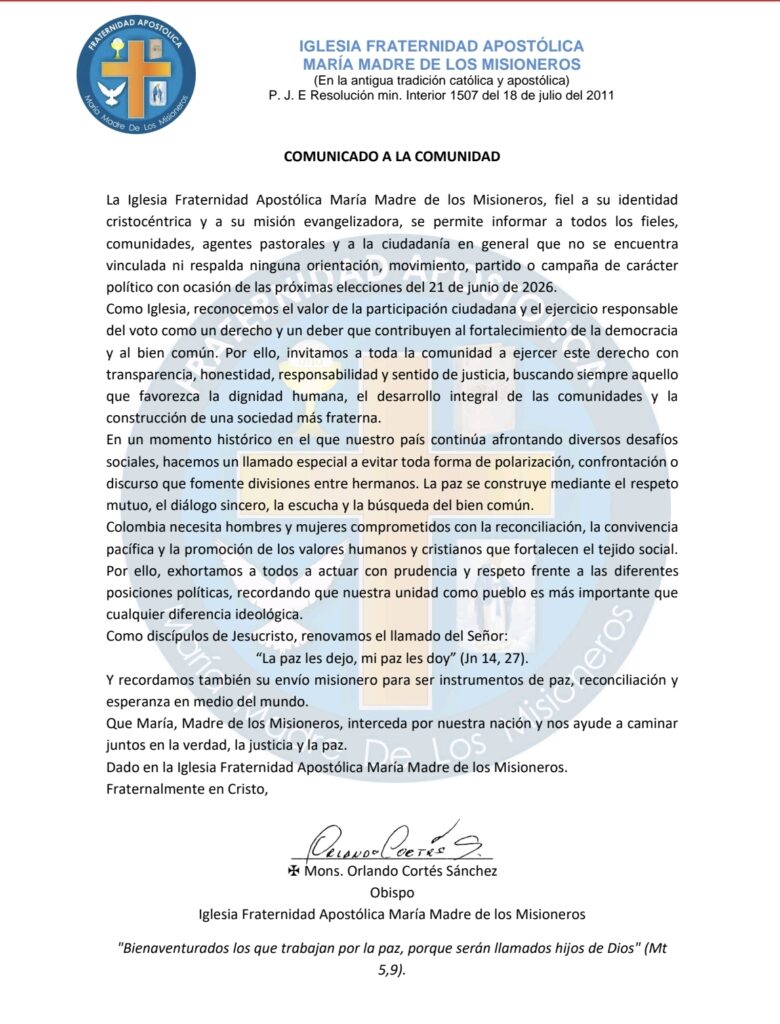 Comunicado de la Fraternidad Apostólica María Madre de los Misioneros frente a las elecciones del 21 de junio de 2026
